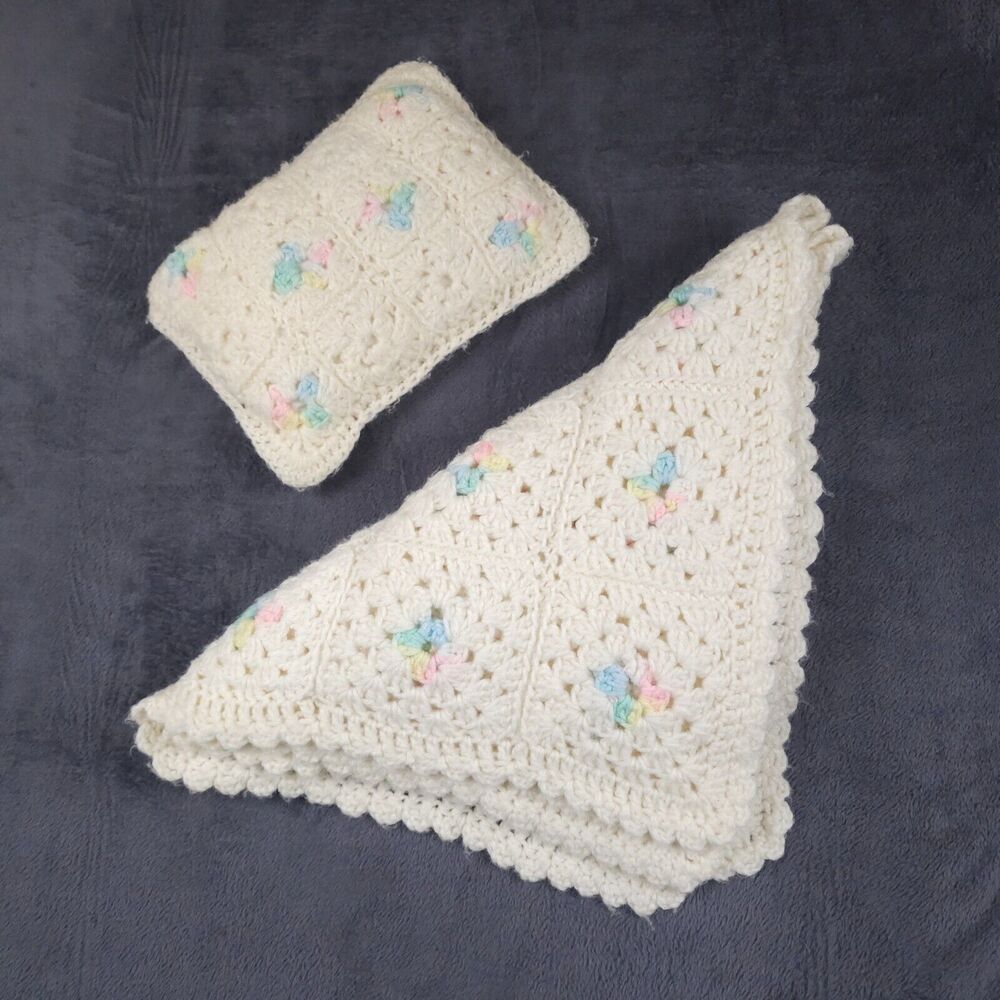 Crochet BABY BLANKET AFGHAN Lap Granny Squares 32"x38" Pink Off White Blue Yello
